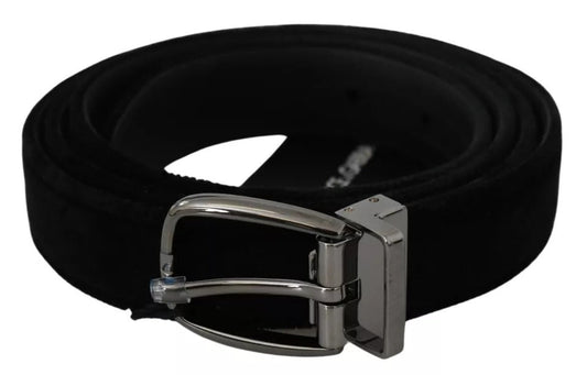 Dolce & Gabbana Black Velvet Silver Tone Metal Buckle Men Men's Belt
