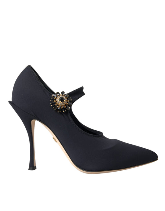 Dolce & Gabbana Black Mary Jane Jersey Crystal Pumps Women's Shoes