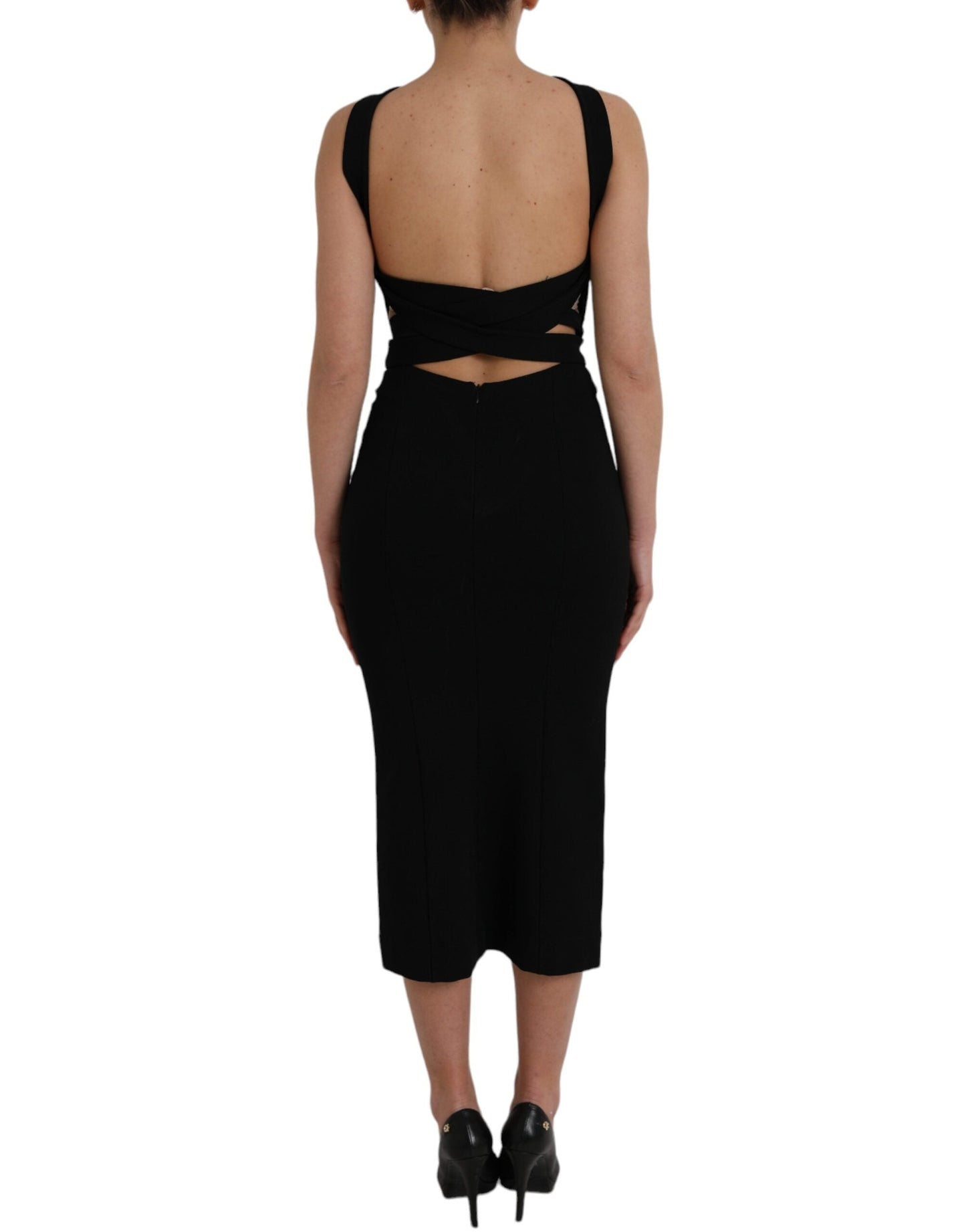 Dolce & Gabbana Black Sheath Halter Sleeveless Midi Women's Dress
