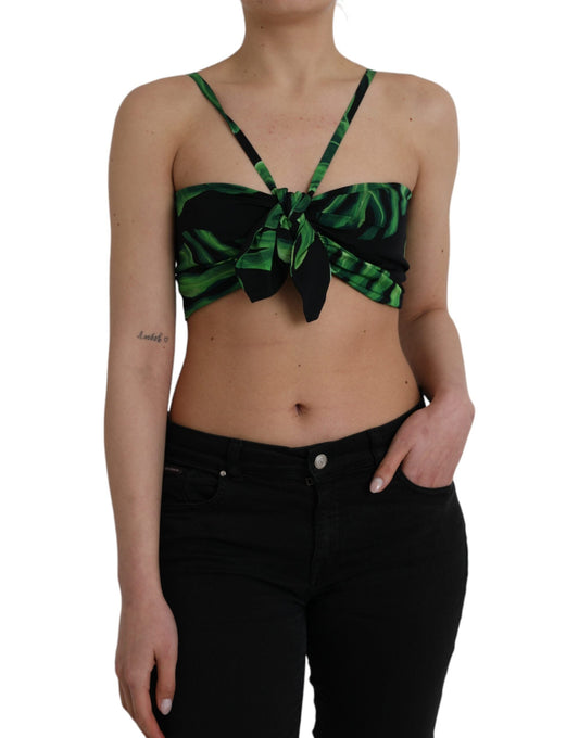 Dolce & Gabbana Black Green Leaf Silk Halter Cropped Women's Top