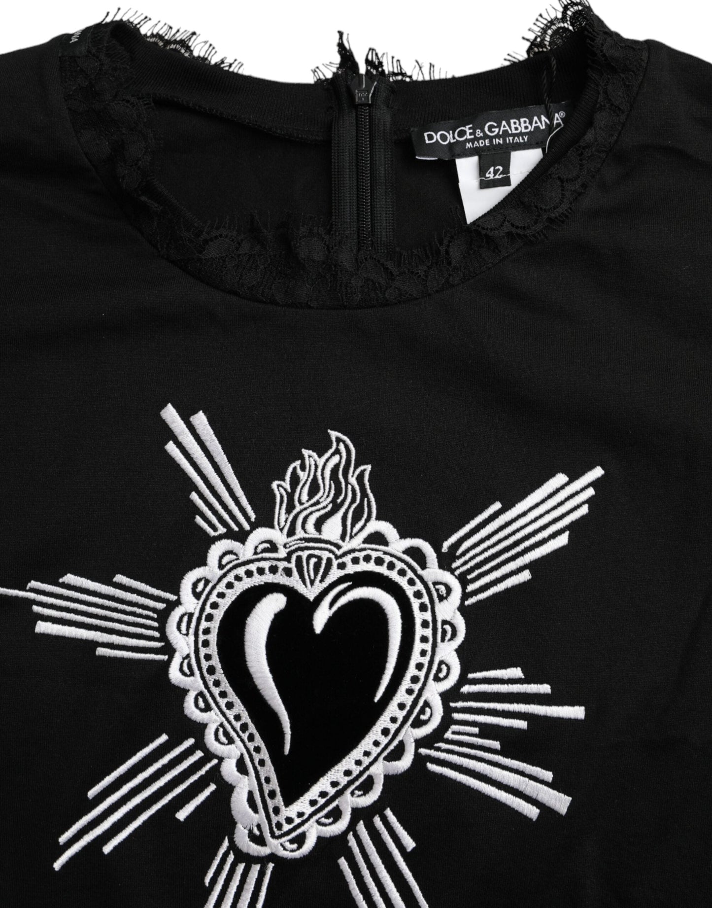 Dolce & Gabbana Black Sacred Heart Print Cotton Lace Women's T-shirt