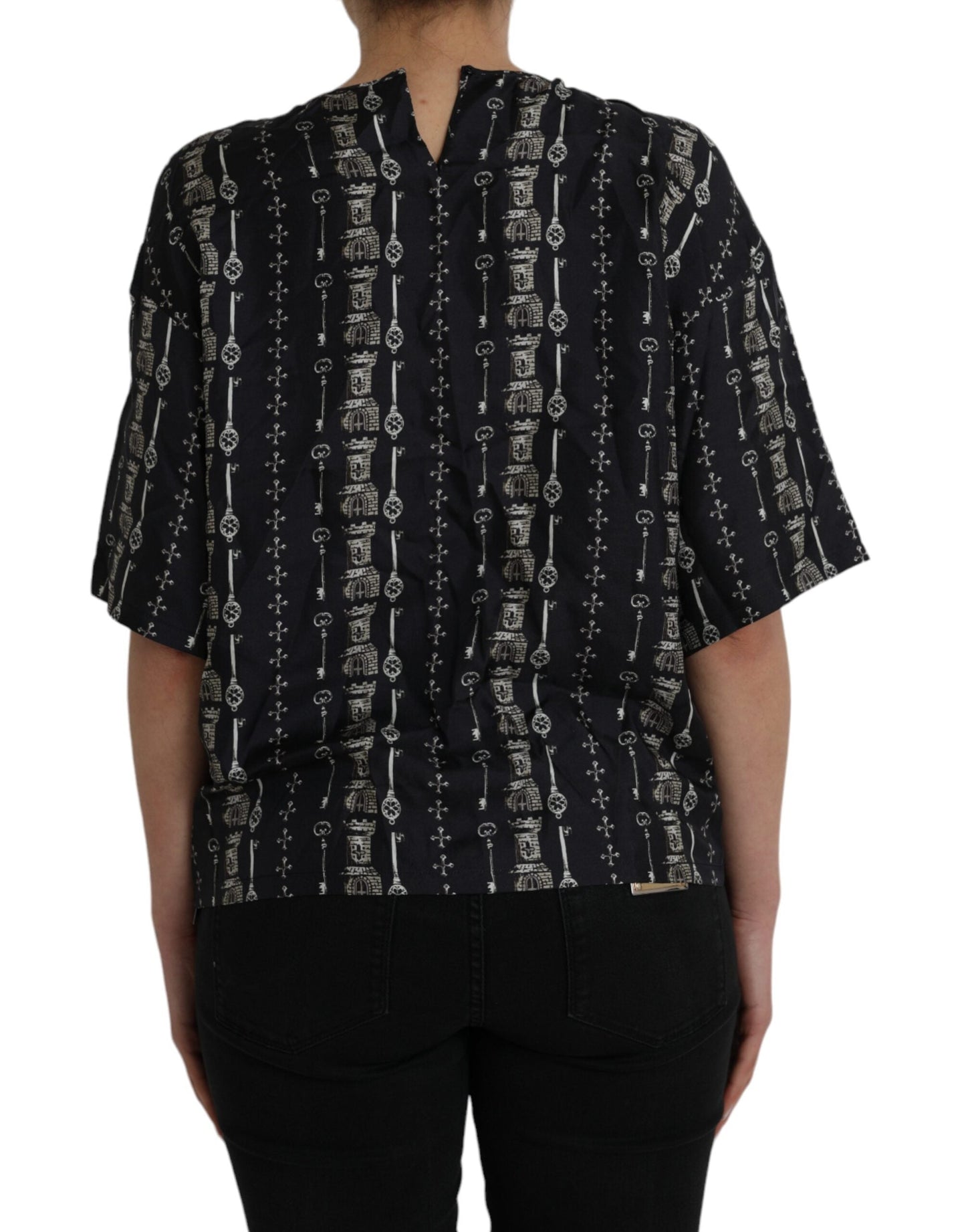 Dolce & Gabbana Black Key Castle Print Silk Blouse Women's T-shirt