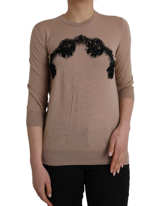 Dolce & Gabbana Brown Wool Black Lace 3/4 Sleeve Blouse Women's Top (Pre-Owned)