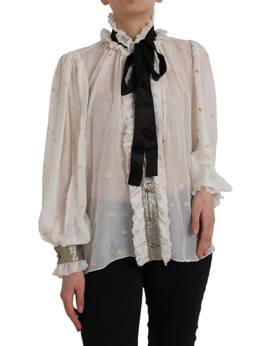 Dolce & Gabbana Off White Silk Blend Ascot Collar Blouse Women's Top