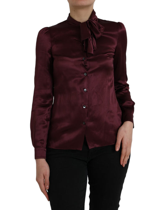 Dolce & Gabbana Maroon Ascot Collar Long Sleeve Top Women's Blouse