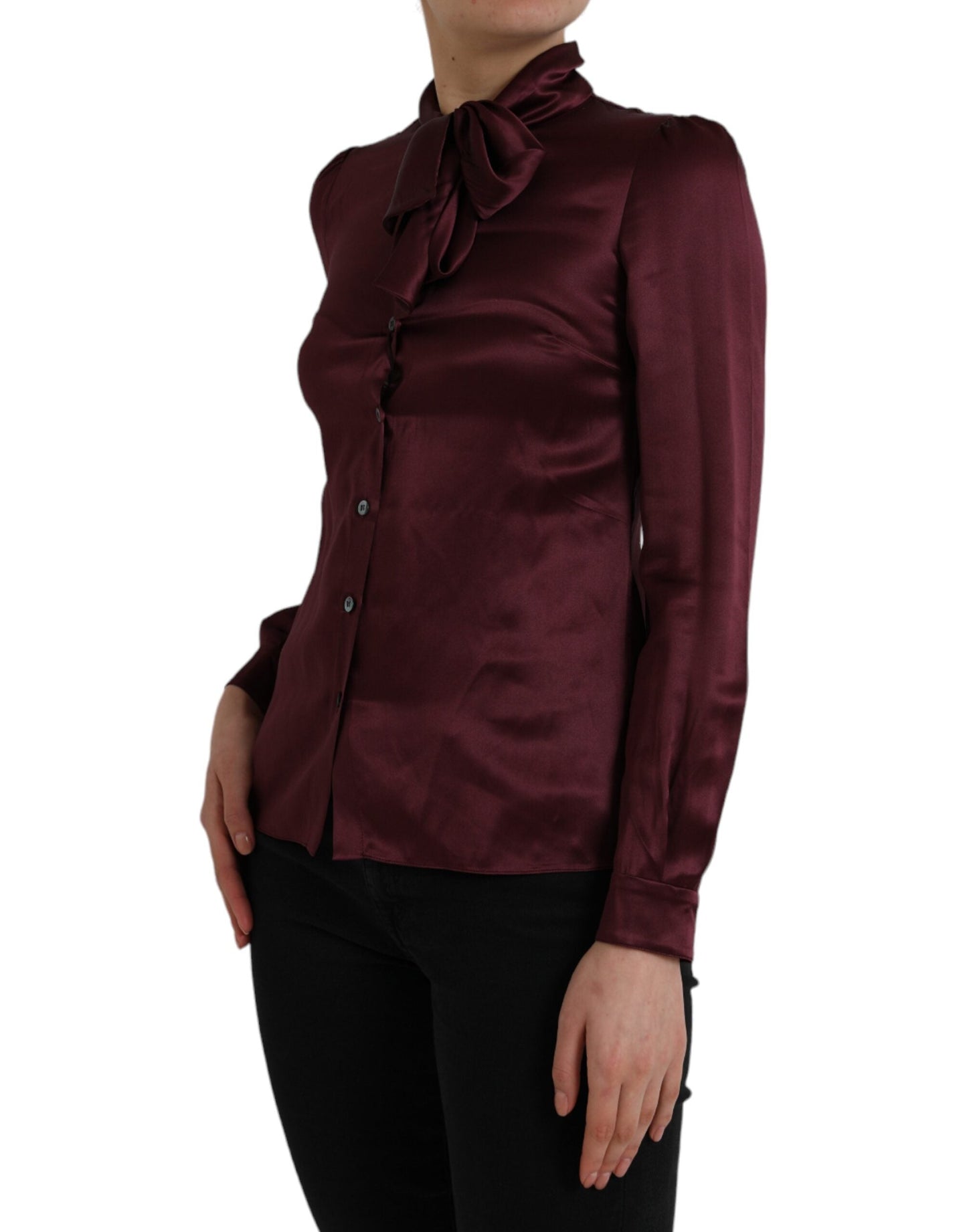 Dolce & Gabbana Maroon Ascot Collar Long Sleeve Top Women's Blouse
