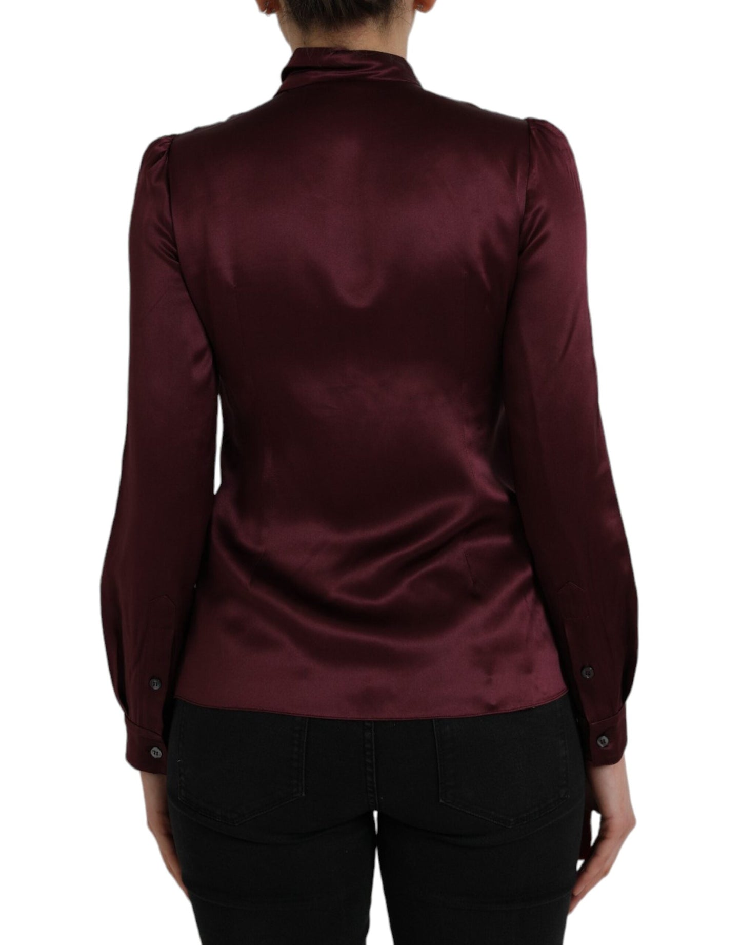 Dolce & Gabbana Maroon Ascot Collar Long Sleeve Top Women's Blouse
