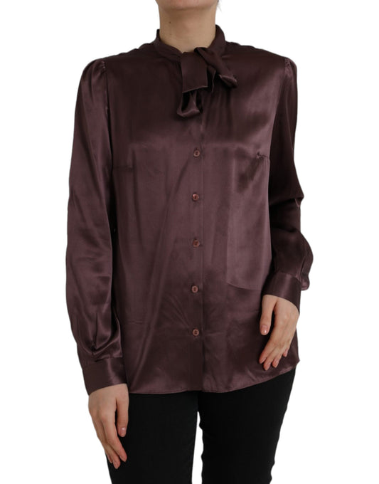 Dolce & Gabbana Brown Ascot Collar Long Sleeve Top Women's Blouse (Pre-Owned)