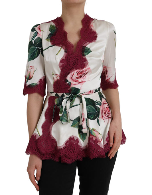 Dolce & Gabbana White Floral Lace Silk Short Sleeves Women's Top (Pre-Owned)