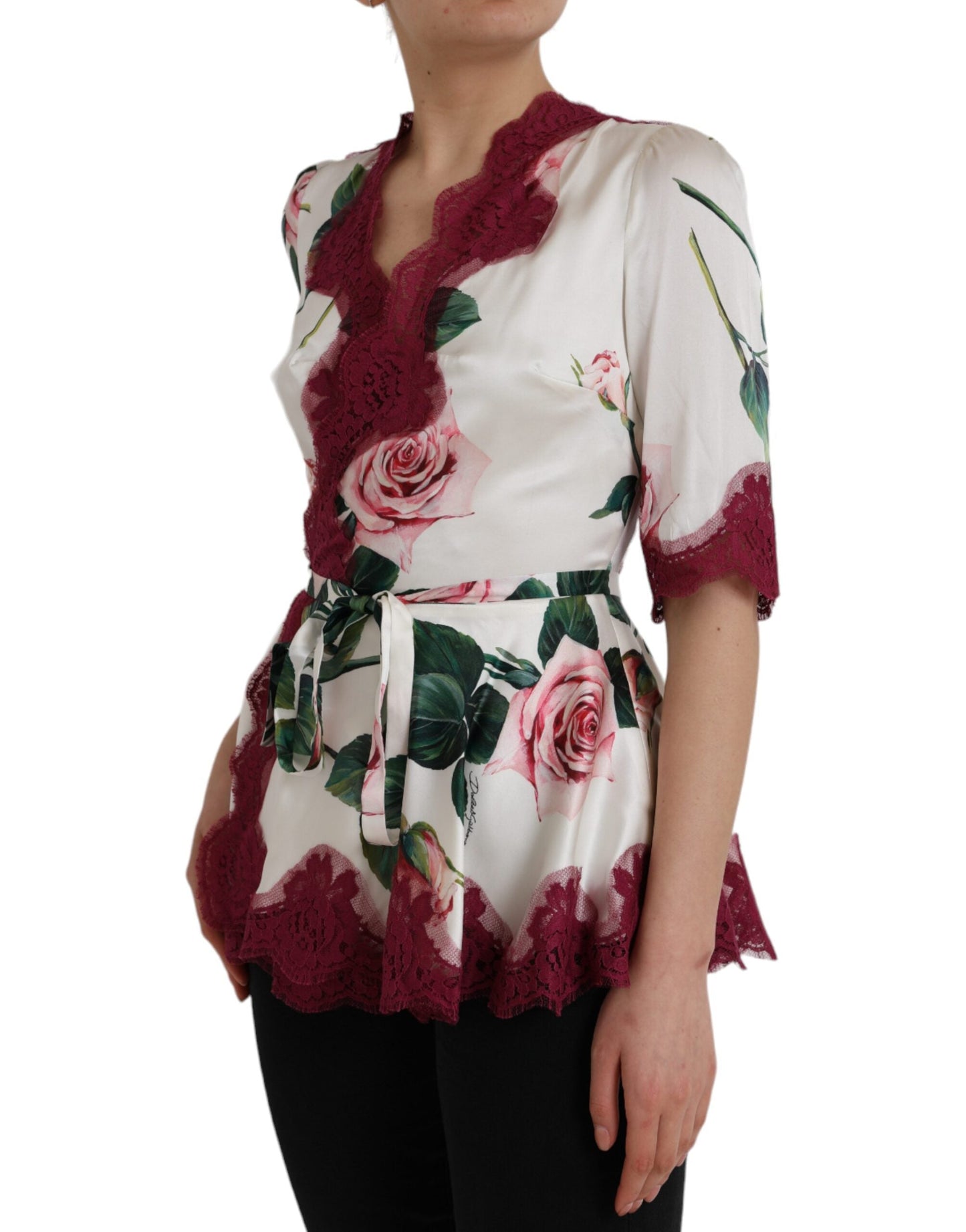 Dolce & Gabbana White Floral Lace Silk Short Sleeves Women's Top (Pre-Owned)