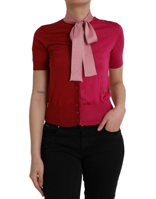 Dolce & Gabbana Pink Short Sleeves Pullover Ascot Collar Women's Top