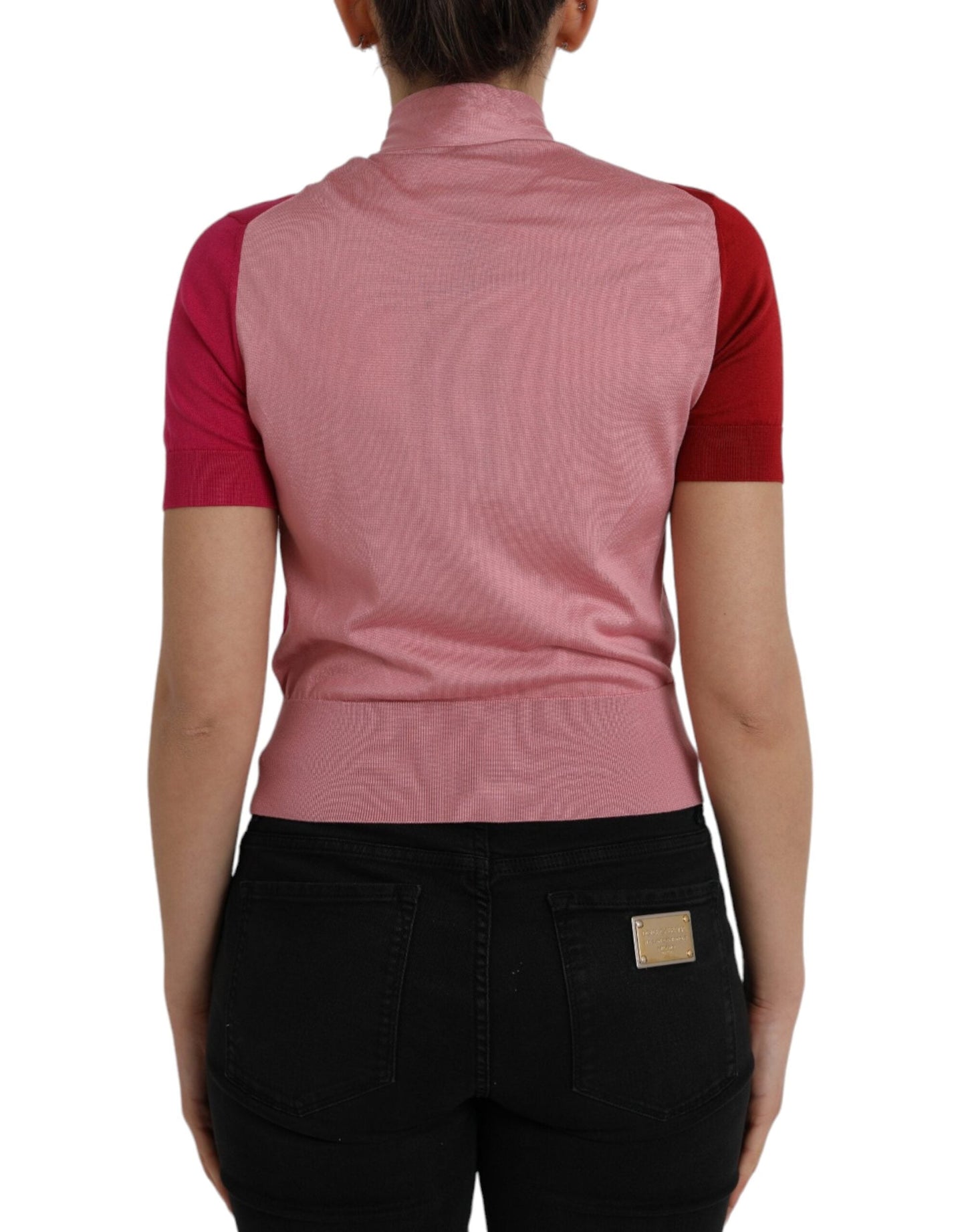 Dolce & Gabbana Pink Short Sleeves Pullover Ascot Collar Women's Top