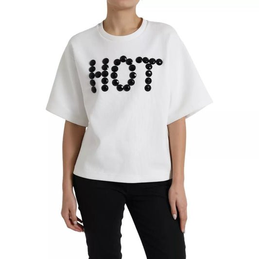 Dolce & Gabbana White Cotton Black HOT Crystal Top Women's T-shirt (Pre-Owned)