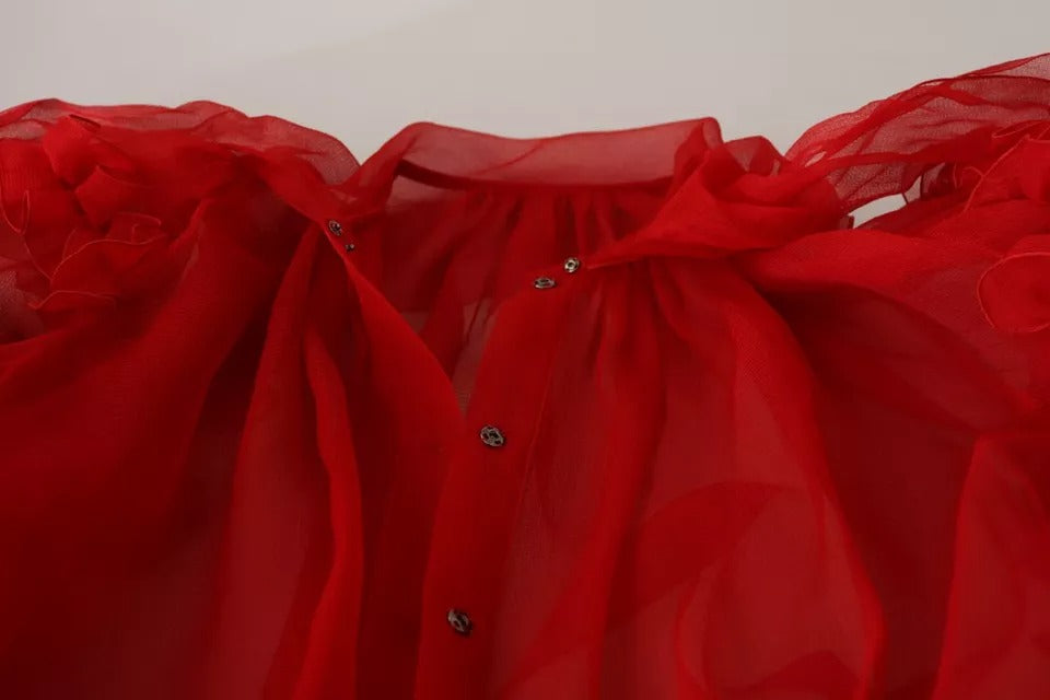 Dolce & Gabbana Red Silk Ascot Collar Ruffles Blouse Women's Top (Pre-Owned)