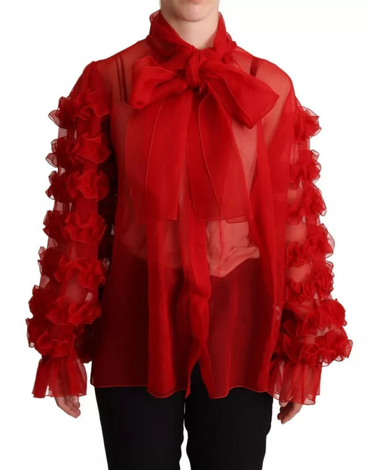 Dolce & Gabbana Red Silk Ascot Collar Ruffles Blouse Women's Top (Pre-Owned)