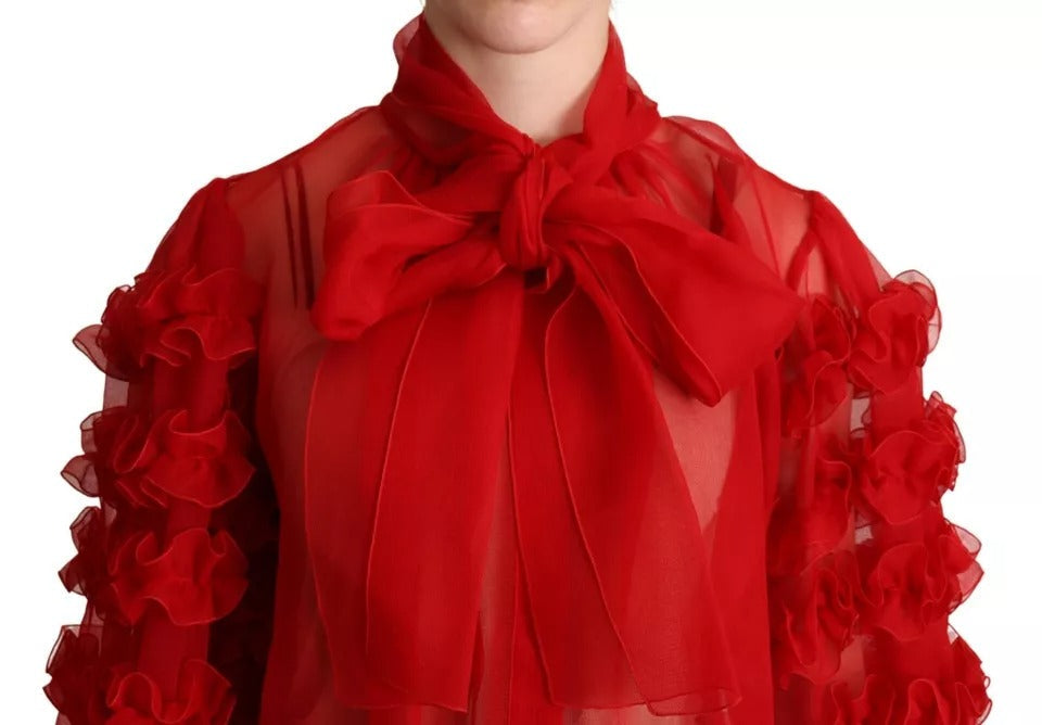 Dolce & Gabbana Red Silk Ascot Collar Ruffles Blouse Women's Top (Pre-Owned)