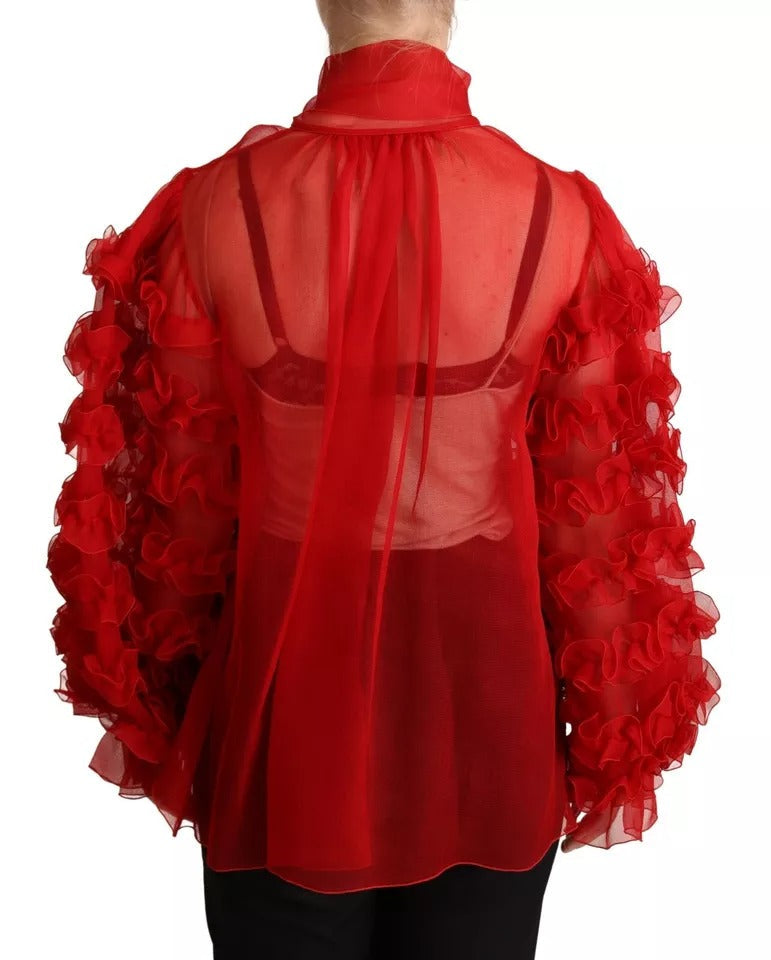 Dolce & Gabbana Red Silk Ascot Collar Ruffles Blouse Women's Top (Pre-Owned)