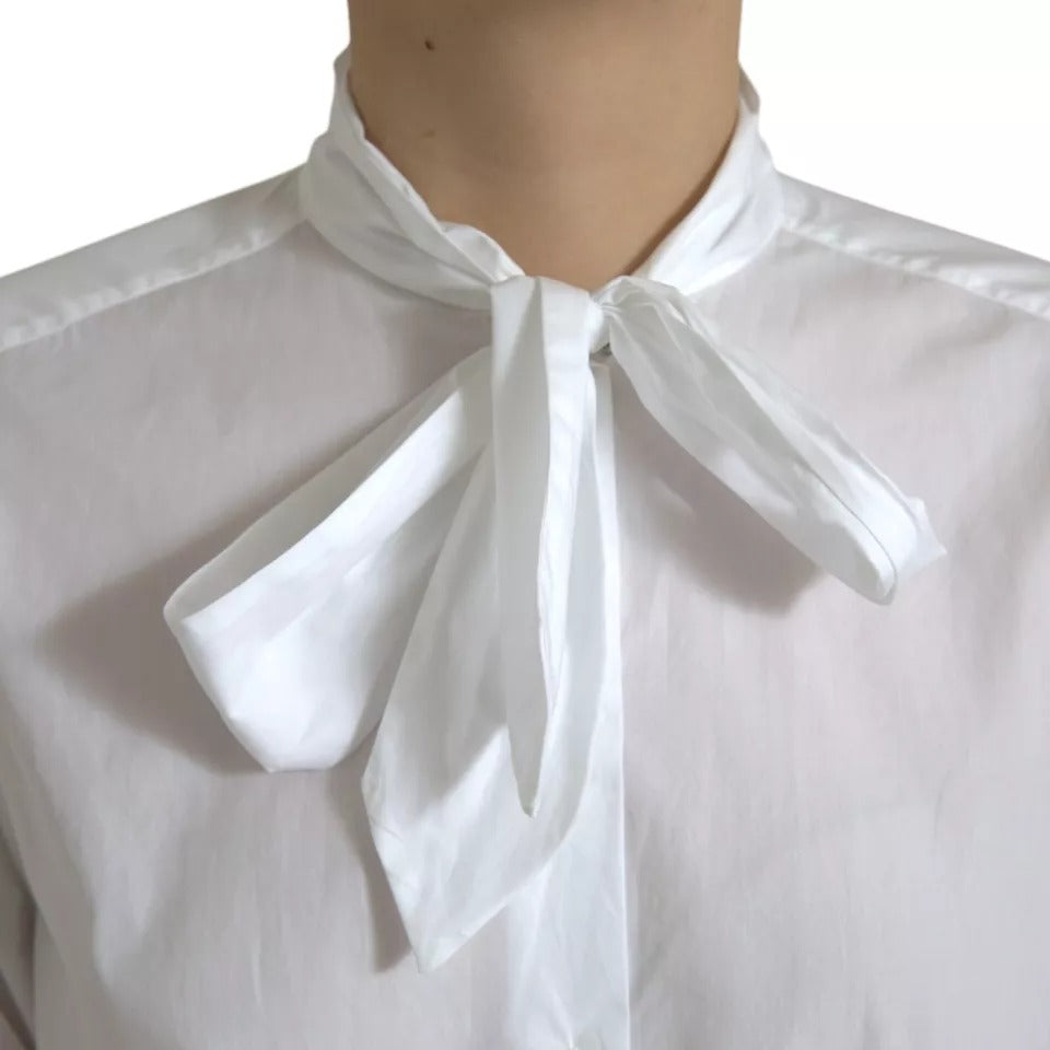 Dolce & Gabbana White Cotton Ascot Collar Long Sleeves Women's Top (Pre-Owned)