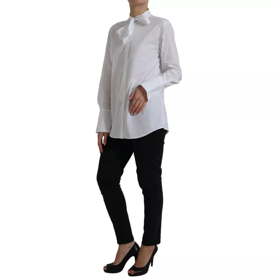 Dolce & Gabbana White Cotton Ascot Collar Long Sleeves Women's Top (Pre-Owned)