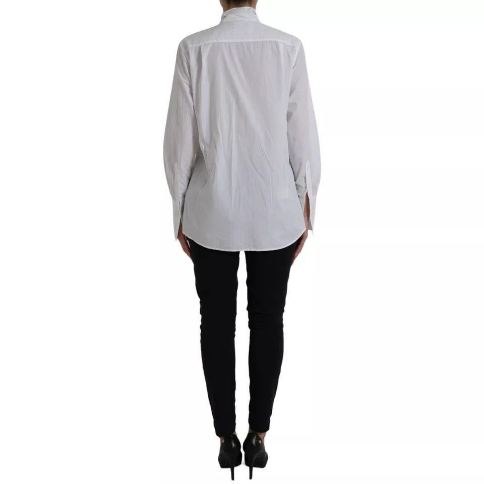 Dolce & Gabbana White Cotton Ascot Collar Long Sleeves Women's Top (Pre-Owned)