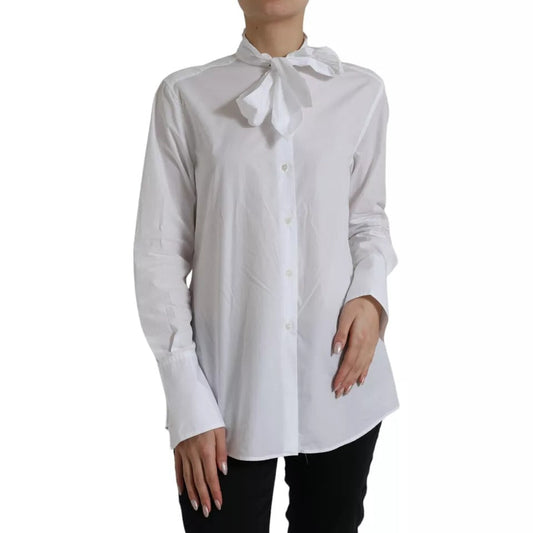 Dolce & Gabbana White Cotton Ascot Collar Long Sleeves Women's Top (Pre-Owned)