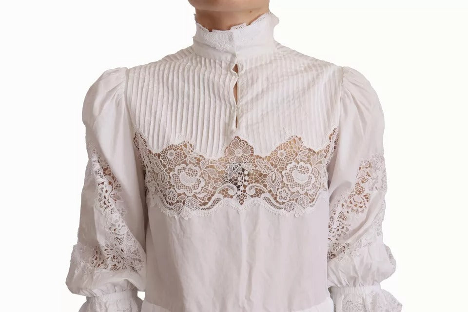 Dolce & Gabbana White Cotton Lace Trim Turtle Neck Blouse Women's Top (Pre-Owned)