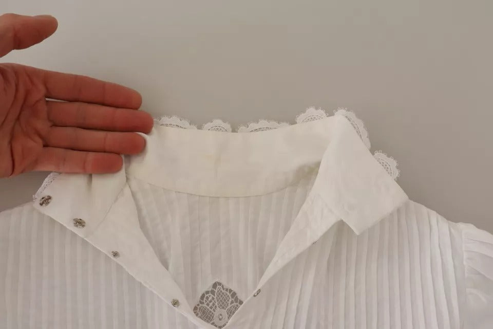 Dolce & Gabbana White Cotton Lace Trim Turtle Neck Blouse Women's Top (Pre-Owned)