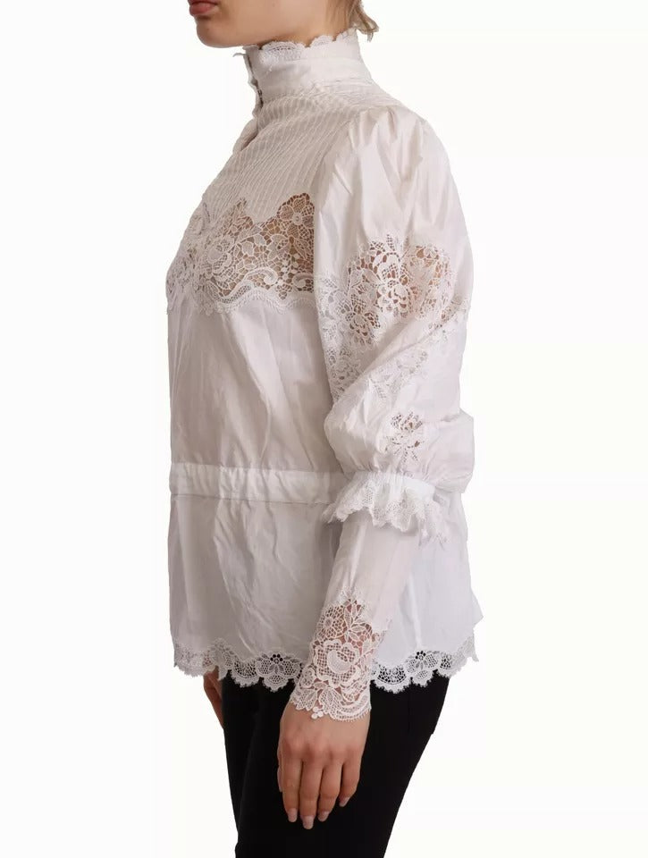 Dolce & Gabbana White Cotton Lace Trim Turtle Neck Blouse Women's Top (Pre-Owned)