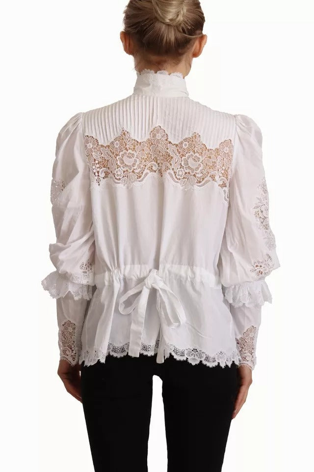 Dolce & Gabbana White Cotton Lace Trim Turtle Neck Blouse Women's Top (Pre-Owned)