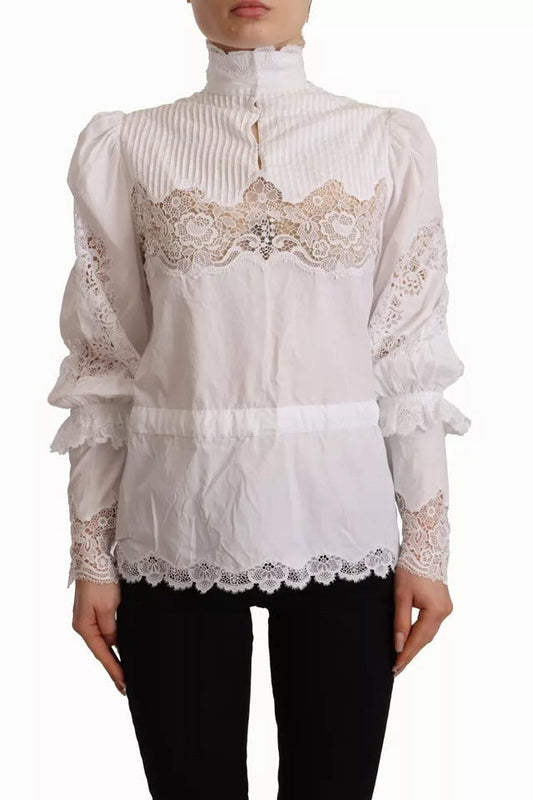 Dolce & Gabbana White Cotton Lace Trim Turtle Neck Blouse Women's Top (Pre-Owned)