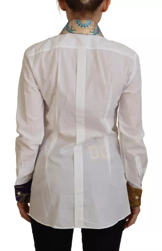Dolce & Gabbana White Floral Jacquard Cotton Long Sleeves Women's Top (Pre-Owned)