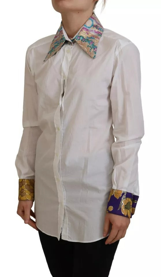 Dolce & Gabbana White Floral Jacquard Cotton Long Sleeves Women's Top (Pre-Owned)