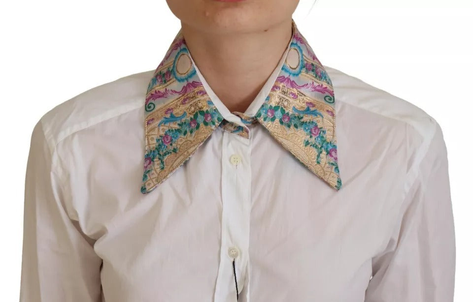 Dolce & Gabbana White Floral Jacquard Cotton Long Sleeves Women's Top (Pre-Owned)