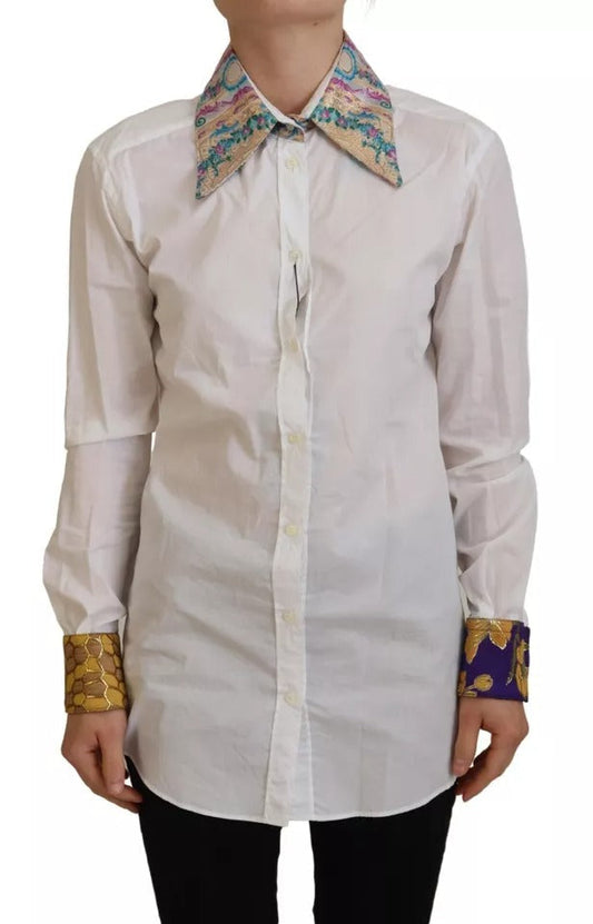Dolce & Gabbana White Floral Jacquard Cotton Long Sleeves Women's Top (Pre-Owned)