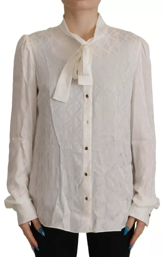 Dolce & Gabbana White Patterned Silk Ascot Collar Blouse Women's Top (Pre-Owned)