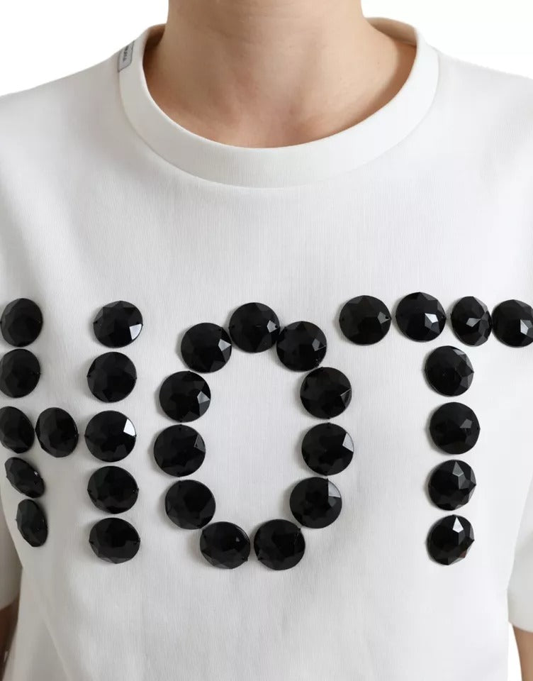 Dolce & Gabbana White Cotton Stretch Black HOT Crystal Men's T-shirt (Pre-Owned)