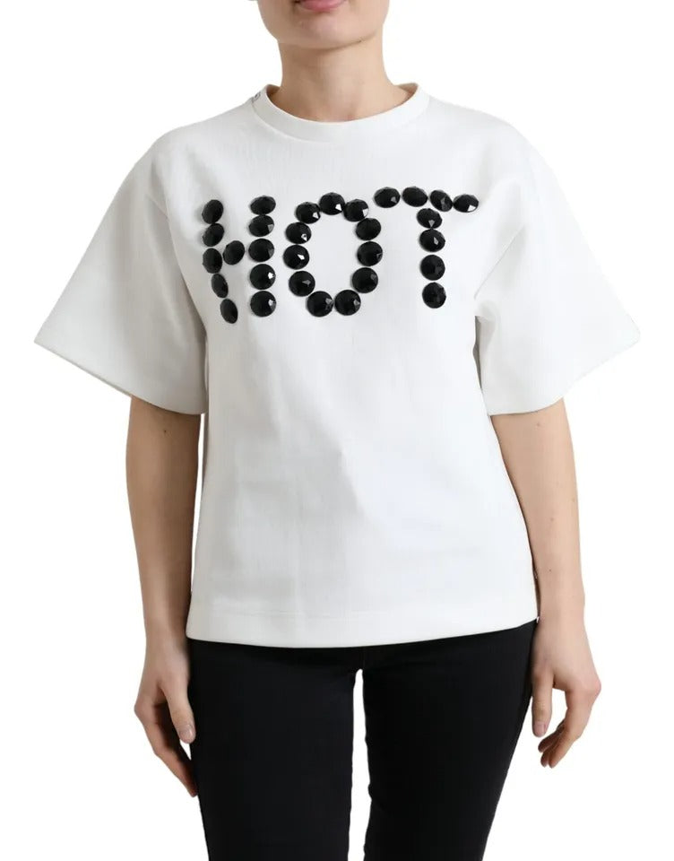 Dolce & Gabbana White Cotton Stretch Black HOT Crystal Men's T-shirt (Pre-Owned)