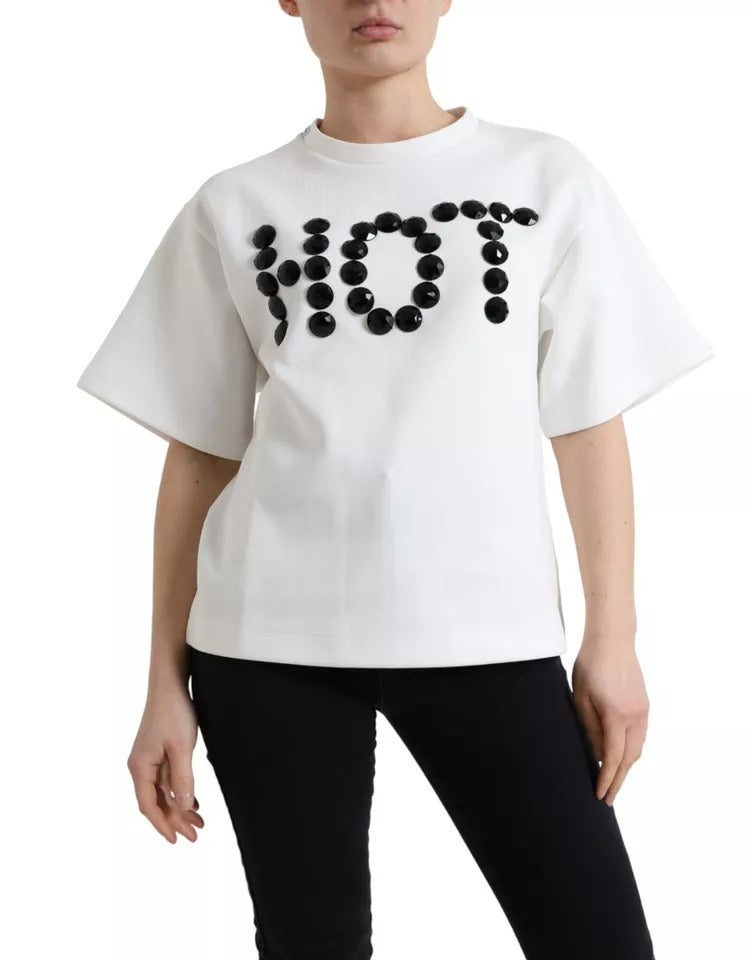 Dolce & Gabbana White Cotton Stretch Black HOT Crystal Men's T-shirt (Pre-Owned)