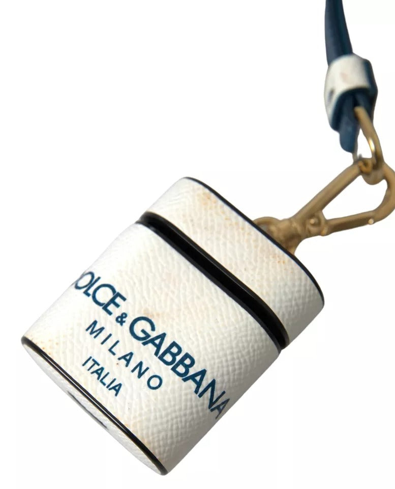 Dolce & Gabbana White Blue Calf Leather Logo Print Strap Airpods  Case (Pre-Owned)