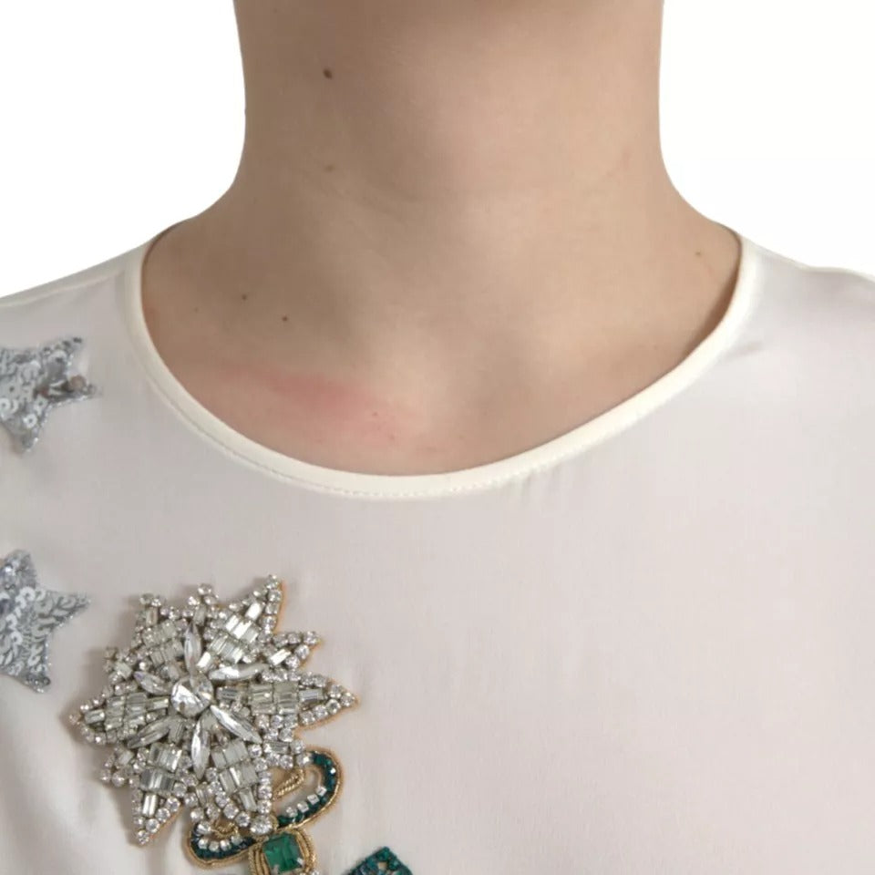 Dolce & Gabbana White Silk Crystal 3/4 Sleeves Blouse Women's Top (Pre-Owned)