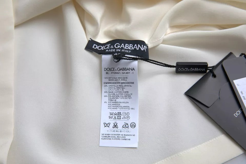 Dolce & Gabbana White Silk Crystal 3/4 Sleeves Blouse Women's Top (Pre-Owned)