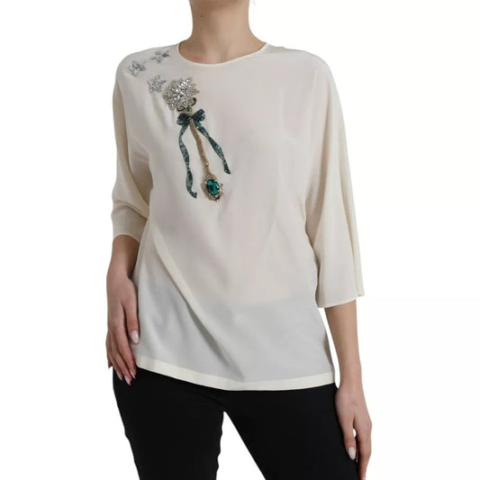 Dolce & Gabbana White Silk Crystal 3/4 Sleeves Blouse Women's Top (Pre-Owned)
