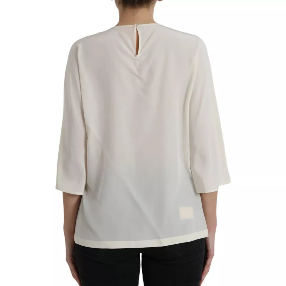 Dolce & Gabbana White Silk Crystal 3/4 Sleeves Blouse Women's Top (Pre-Owned)
