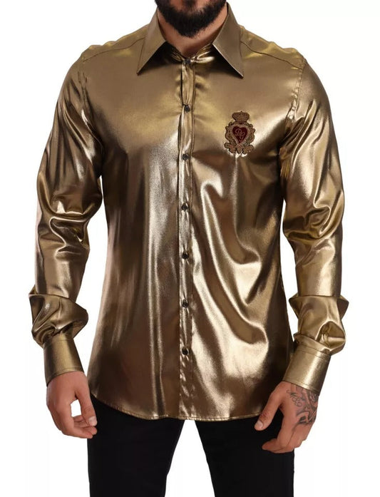 Dolce & Gabbana Metallic Gold DG Embroidered Crown Silk Top Men's Shirt (Pre-Owned)