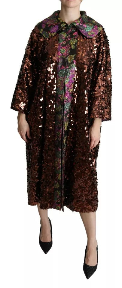 Dolce & Gabbana Multicolor Sequined Long Coat Jaquard Women's Jacket