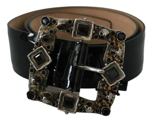 Dolce & Gabbana Black Shiny Leather Crystal Logo Buckle Women's Belt (Pre-Owned)