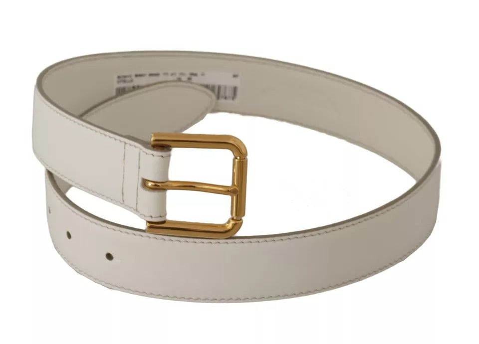 Dolce & Gabbana White Leather Gold Logo Engraved Metal Buckle Women's Belt (Pre-Owned)