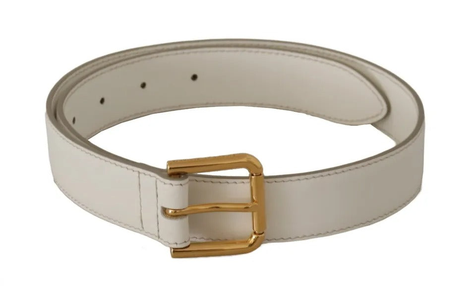 Dolce & Gabbana White Leather Gold Logo Engraved Metal Buckle Women's Belt (Pre-Owned)
