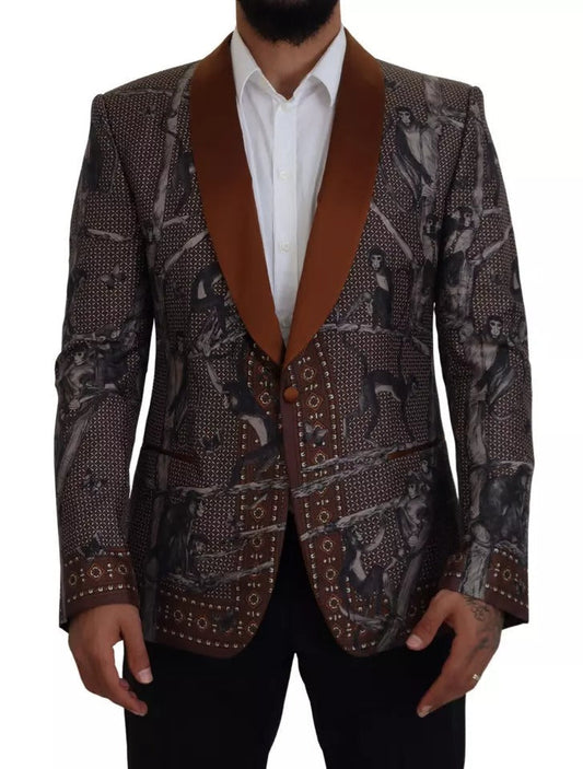 Dolce & Gabbana Bronze Monkey Print Silk Slim Jacket Men's Blazer