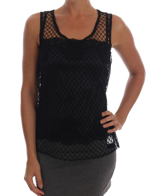 Dolce & Gabbana Black Silk Mesh Floral Lace Women's Top